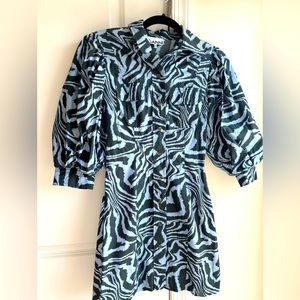 GANNI Blue Zebra Puff-Sleeve Mini Shirtdress - Size 2/34.